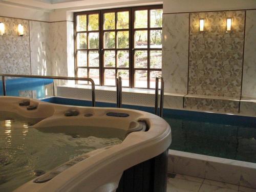 a large bath tub in a bathroom with a window at Hotel Rytwiany in Rytwiany