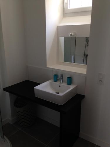 bagno con lavandino bianco e specchio di Joli appartement 40m2 entièrement équipé idéal pour location thermale ou saisonnier a Rochefort