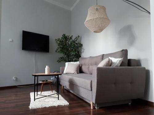 un soggiorno con un divano e un tavolo di MARZEC Apartamenty a Gniezno