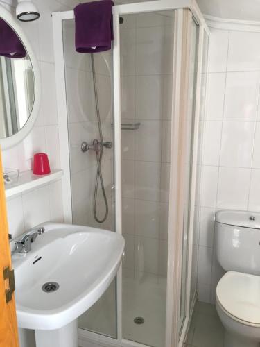 a bathroom with a shower and a sink and a toilet at Pension Rosalia de Castro in Foz