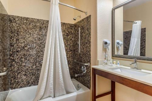 y baño con ducha, bañera y lavamanos. en Comfort Suites Baytown I – 10, en Baytown