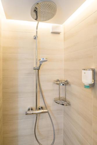 a shower with a shower head in a bathroom at Centerapartments Marienstrasse in Düsseldorf