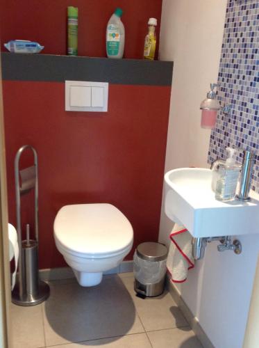 Łazienka z białą toaletą i umywalką w obiekcie La FANGETTE , LIBRAMONT, BRAS-HAUT w mieście Bras-Haut