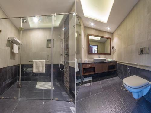a bathroom with a shower and a toilet and a sink at Chandragiri Hills Resort in Thānkot