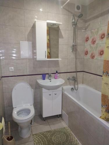 a bathroom with a toilet and a sink and a tub at Apartment at Kirova (A.Polia) in Dnipro