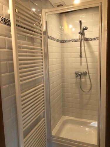 y baño con ducha y puerta de cristal. en Le Tri Renard Spa en Spa