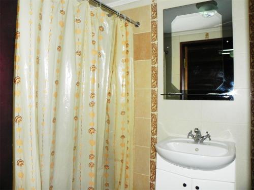 a bathroom with a sink and a shower curtain at Hotel and restaurant complex Skolmo in Klevanʼ