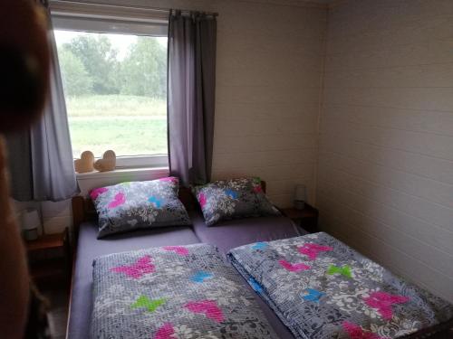 two beds in a small room with a window at Domek letniskowy - czerwony całoroczny in Stegers