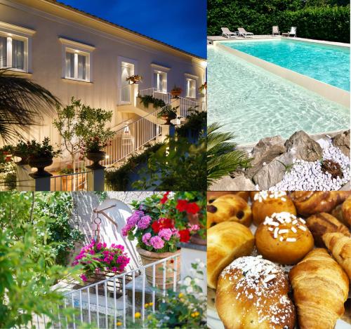 a collage of photos with pastries and a swimming pool at Villa Don Camillo in Sant'Agnello