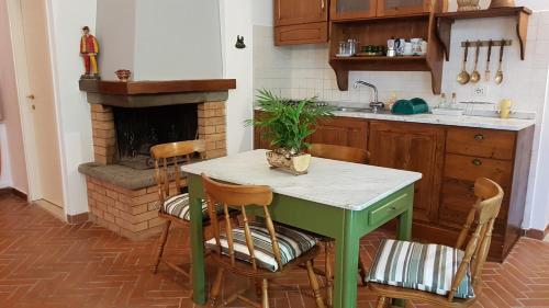 een keuken met een tafel met stoelen en een open haard bij Casina Margherita in Siena