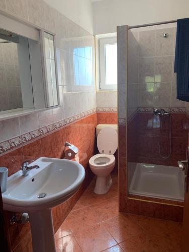 y baño con aseo, lavabo y ducha. en Villa M Studio Apartment, en Ljubač