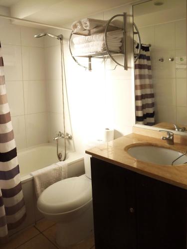 a bathroom with a toilet and a sink and a tub at Personal Aparts Bellas Artes in Santiago
