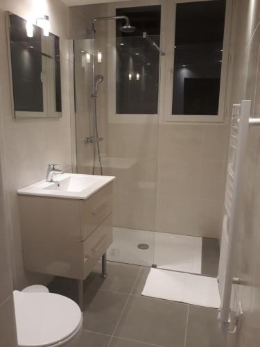 La salle de bains est pourvue d'une douche, d'un lavabo et de toilettes. dans l'établissement coté remparts, à Provins