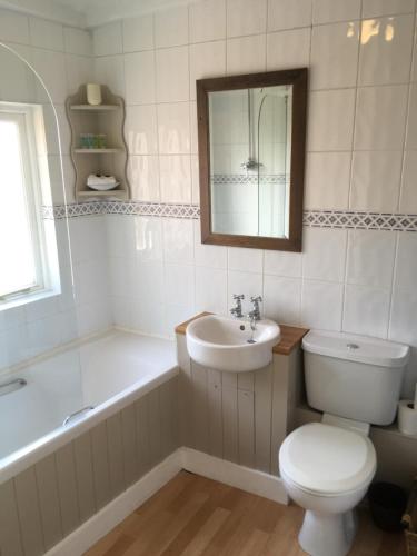 La salle de bains est pourvue de toilettes, d'un lavabo et d'une baignoire. dans l'établissement The Row Barge Henley, à Henley-on-Thames