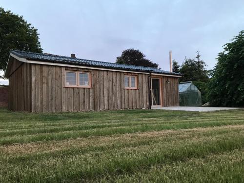 a wooden house with a grass field in front of it at Lytte Hytte - Ferienhaus Wingst in Wingst