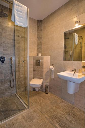 a bathroom with a shower and a sink and a toilet at Brooklyn Noclegi in Jasło