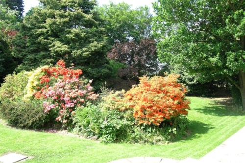 a garden with colorful flowers and trees and grass at The oaklands hotel in Weaverham
