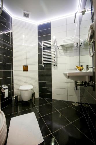 a bathroom with a sink and a toilet at Hotel Aqua in Târgu Jiu