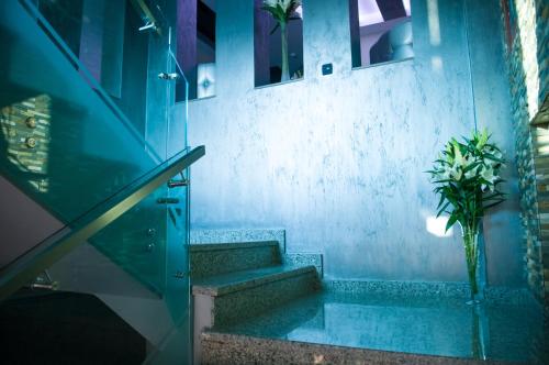 La salle de bains est pourvue d'un escalier et d'un vase de plantes. dans l'établissement Hotel Aqua, à Târgu Jiu