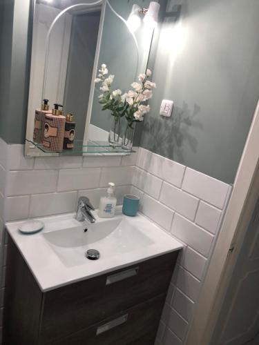 bagno con lavandino, specchio e fiori di Apartamento Boulevard Juan Bravo a Madrid