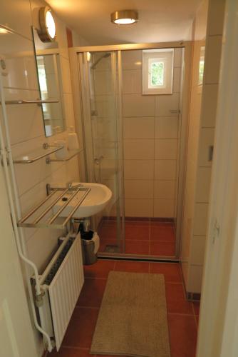 a bathroom with a sink and a shower at Het Kunstenaarshuis in Kamperland