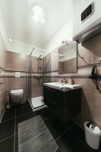 a bathroom with a sink and a toilet and a mirror at Apartments Prestige Petrcane 1 in Petrcane