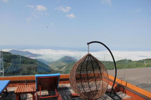 a hanging basket on a balcony with a view of mountains at Apartment G10 Milmari resort in Kopaonik