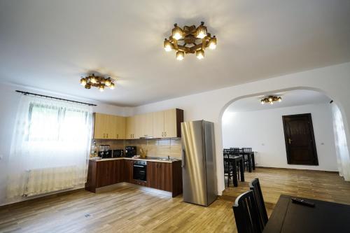 an empty kitchen and dining area of an apartment at Pensiunea Trei Lalele in Moisei