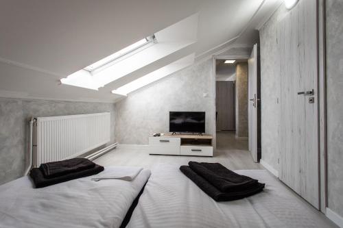a bedroom with two beds and a television in it at Penzion Bardejov in Bardejov