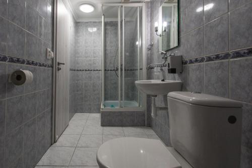 a bathroom with a toilet and a sink and a shower at Penzion Bardejov in Bardejov