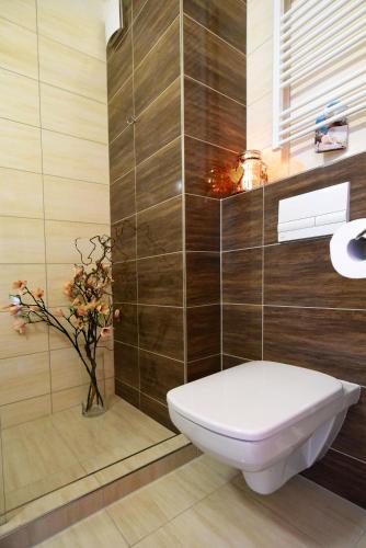 a bathroom with a toilet in a room at Hotel Lesana in Vysoké Tatry