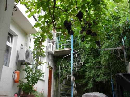 un edificio con una escalera de caracol junto a un edificio con árboles en Volna Hotel, en Alushta