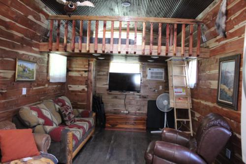 MarshallにあるAmish made cedar cabin with a loft on a buffalo farm close to the Buffalo Riverのリビングルーム(ソファ、テレビ付)