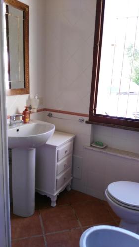a bathroom with a sink and a toilet and a window at S'orrosa casa vacanze bifamiliare in montagna panorama stupendo Sardegna in Seùlo