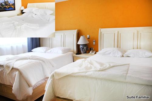two pictures of a bedroom with two white beds at Hotel Boutique La Rioja in Atlixco