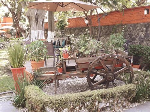 a garden with a wooden cart with plants and an umbrella at Villa Paraiso in Emiliano Zapata