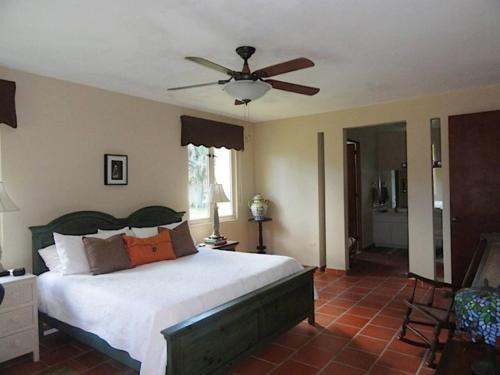 ドラドにあるGardenia- 3BR Dorado- Ocean Views + 3 poolsのベッドと天井扇風機のある寝室