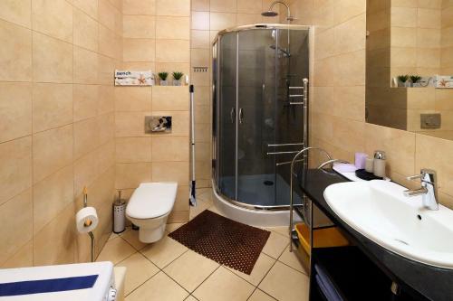 a bathroom with a shower and a toilet and a sink at Apartament Baltic Park Plaża 1.1.1 in Świnoujście