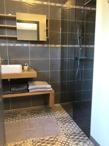 a bathroom with a sink and a shower at Le domaine de la carperie in Bréhal