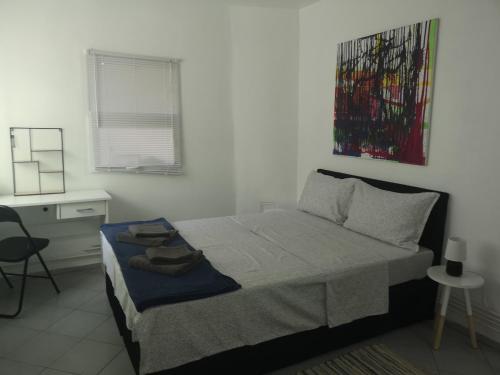 Dormitorio con cama, escritorio y pintura en Casa Miron Unirii 3Strada Matei Corvin Apartament en Timisoara