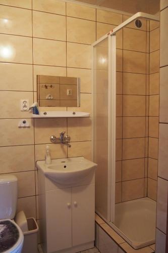 a small bathroom with a sink and a shower at Pokoje u Wojtka Charbrowo in Charbrowo