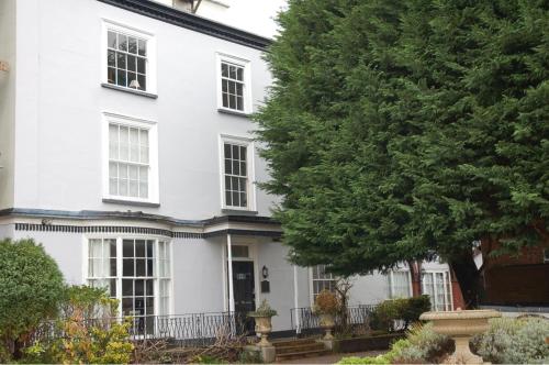 a white house with a tree in front of it at Number 18 Apartments in Exeter