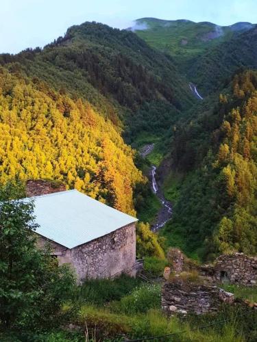 an old building in the middle of a mountain at Panorama guesthouse Mata C. in Adishi