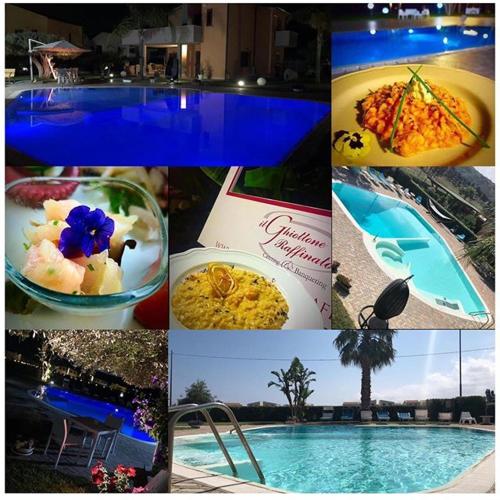 a collage of pictures of food and a swimming pool at Beb oasi marina in Campofelice di Roccella