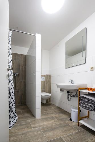 a bathroom with a sink and a toilet at Monteurwohnung 2 Zimmer in Havekost