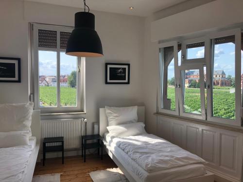 a bedroom with two beds and two windows at Luxe Apartment am Rhein in Worms