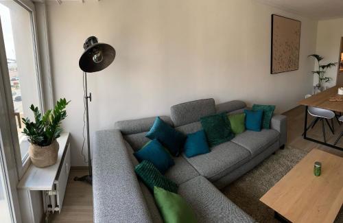 Vitamine Zee في أوستند: غرفة معيشة مع أريكة رمادية مع وسائد زرقاء وأخضر
