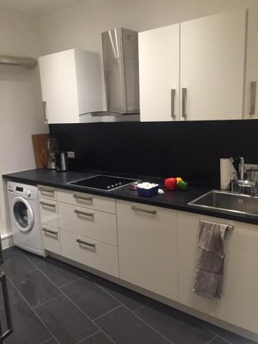 a kitchen with a stove top oven next to a sink at Luxe Apartment am Rhein in Worms