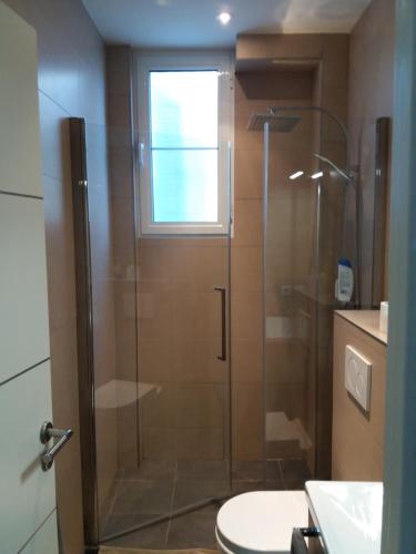 une douche avec une porte vitrée dans une salle de bain dans l'établissement Cosy and lovely flat au Port de Nice !, à Nice