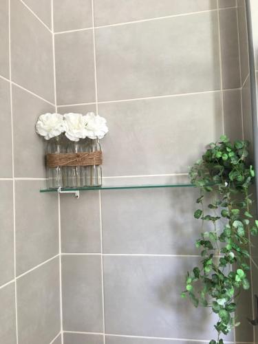 ein gefliestes Badezimmer mit zwei Vasen aus Blumen und einer Pflanze in der Unterkunft PETIT STUDIO de L'ERMITAGE in Gujan-Mestras